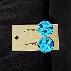 Faux leather one-sided design blue water turtle earrings handmade lightweight